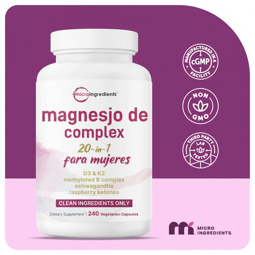 Magnesium Complex for Women, 240 Vegetarian Capsules | 20-In-1 Formula - Magnesium Blend with Vitamin D3, K2, Ashwagandha & More | Filler Free, Non-Gmo